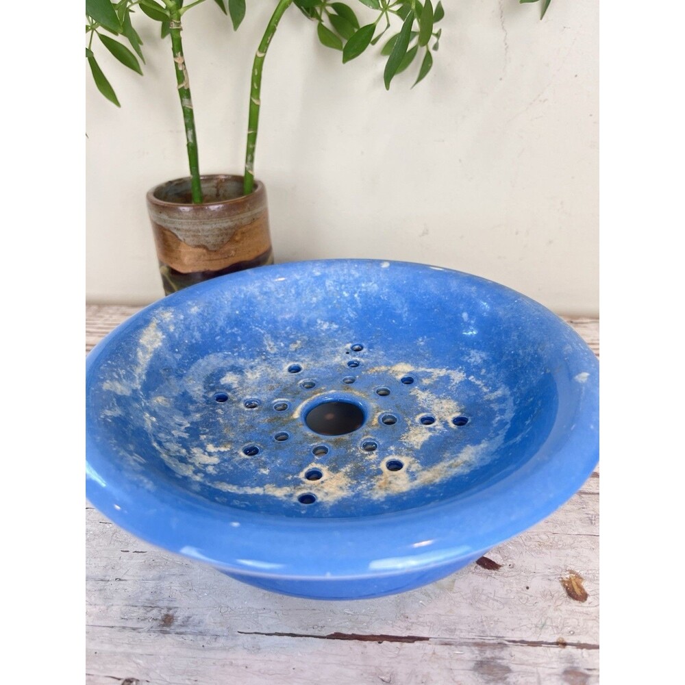 Antique Rare Blue Ceramic Berry Bowl W/ Colindar / Cherry Bowl 8” Cottage Home